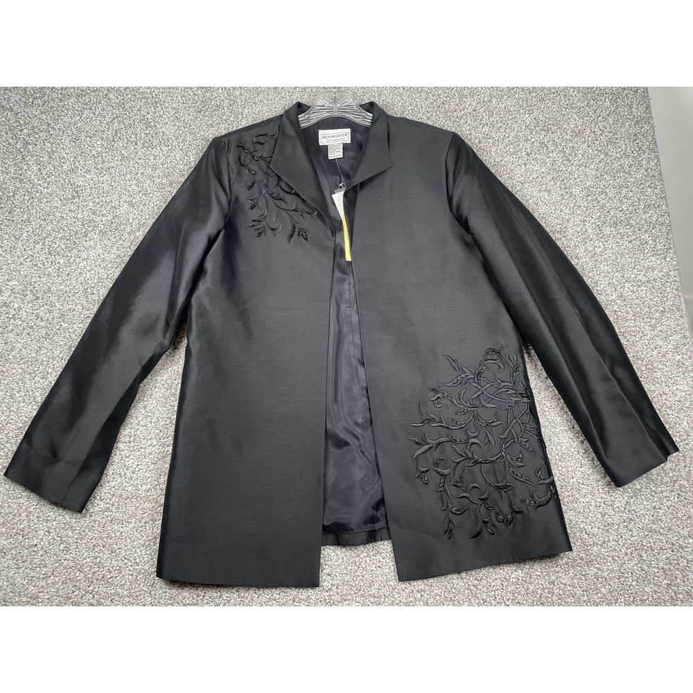 Victor Costa Occasion 100% SILK Jacket  Embroidered Open Front Jacket Women Sz M